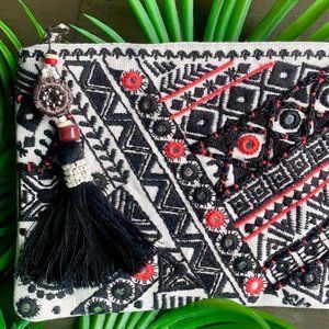 Handcrafted Ethnic Orange-Red Black Embroidered Mirrorwork Tassel Clutch Bag New
